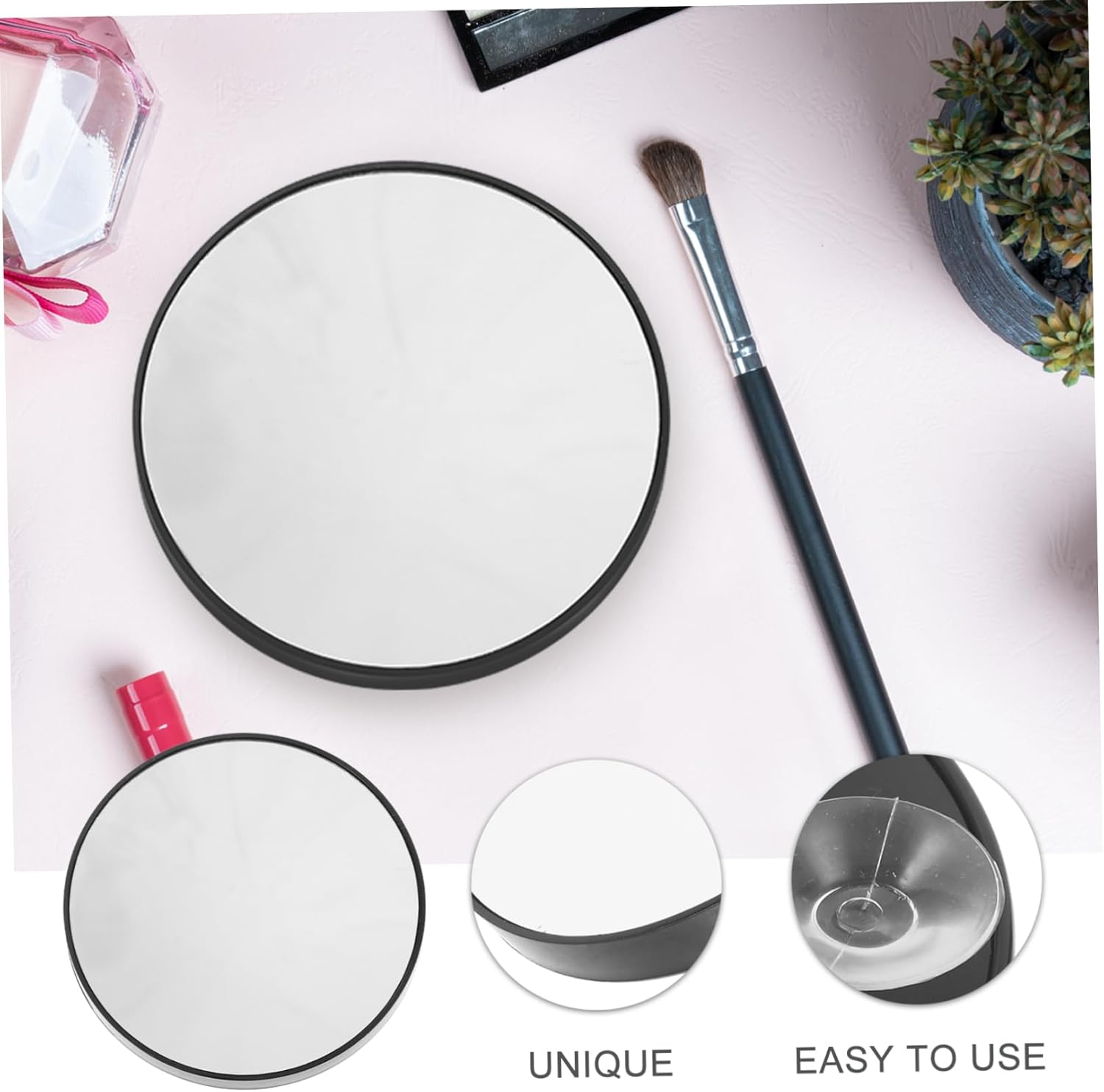 Healeved 8.8Cm 10X Magnification Makeup Mirror with Suction Cups Small round Portable Cosmetic Mirror for Bathroom or Bedroom Easy Carry Black image number 4