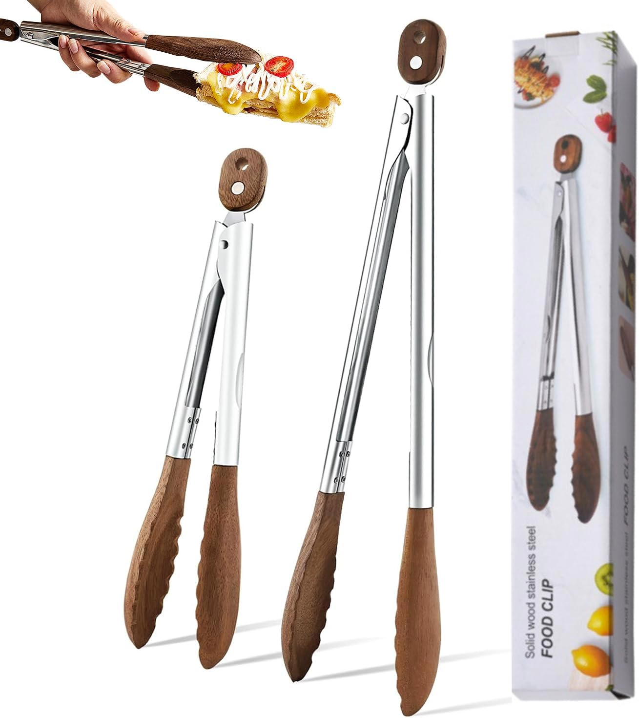 2PCS Wooden Kitchen Tongs (9 &12 Inch), Heat Resistant Nonstick Salad & BBQ Tongs with Wood Tips/Pull Lock/Hanging Hole, Kitchen Cooking Utensils Set for Serving, Grilling, Toaster, Air Fryer image number 4