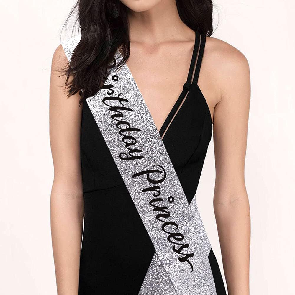 "Birthday Princess"Sash and Rhinestone Crown Set - Glitter Silver Fabric with Black Foil Letters Birthday Sash for Girl + Rhinestone Crown Set Birthday Party Gifts Birthday Party Supplies image number 3