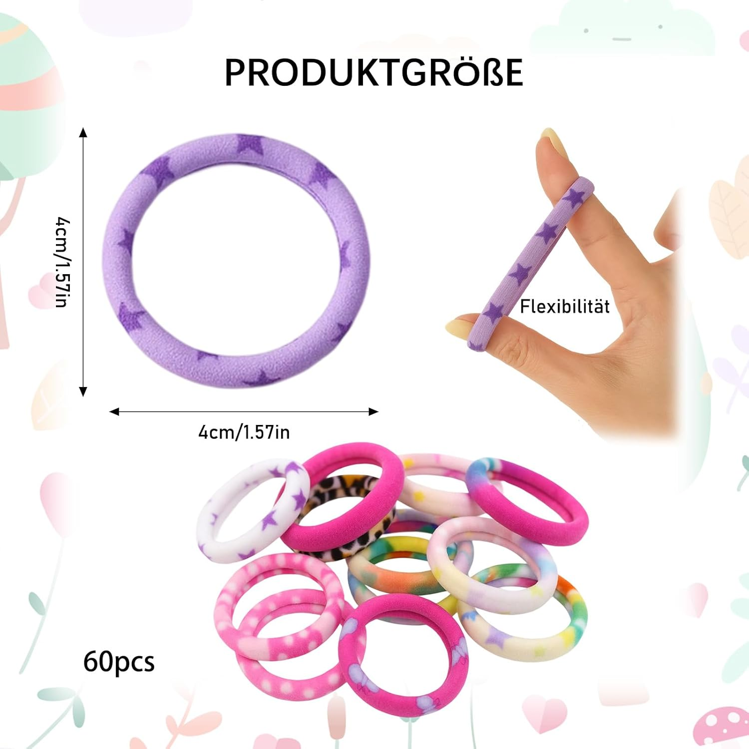 Pack of 60 Girls' Hair Bobbles, 4 Cm Coloured Nylon Hair Bobbles with Print, Soft and Comfortable for Daily Hairstyles, Colour Range for Girls Daily Combination, Ponytail Hair image number 1