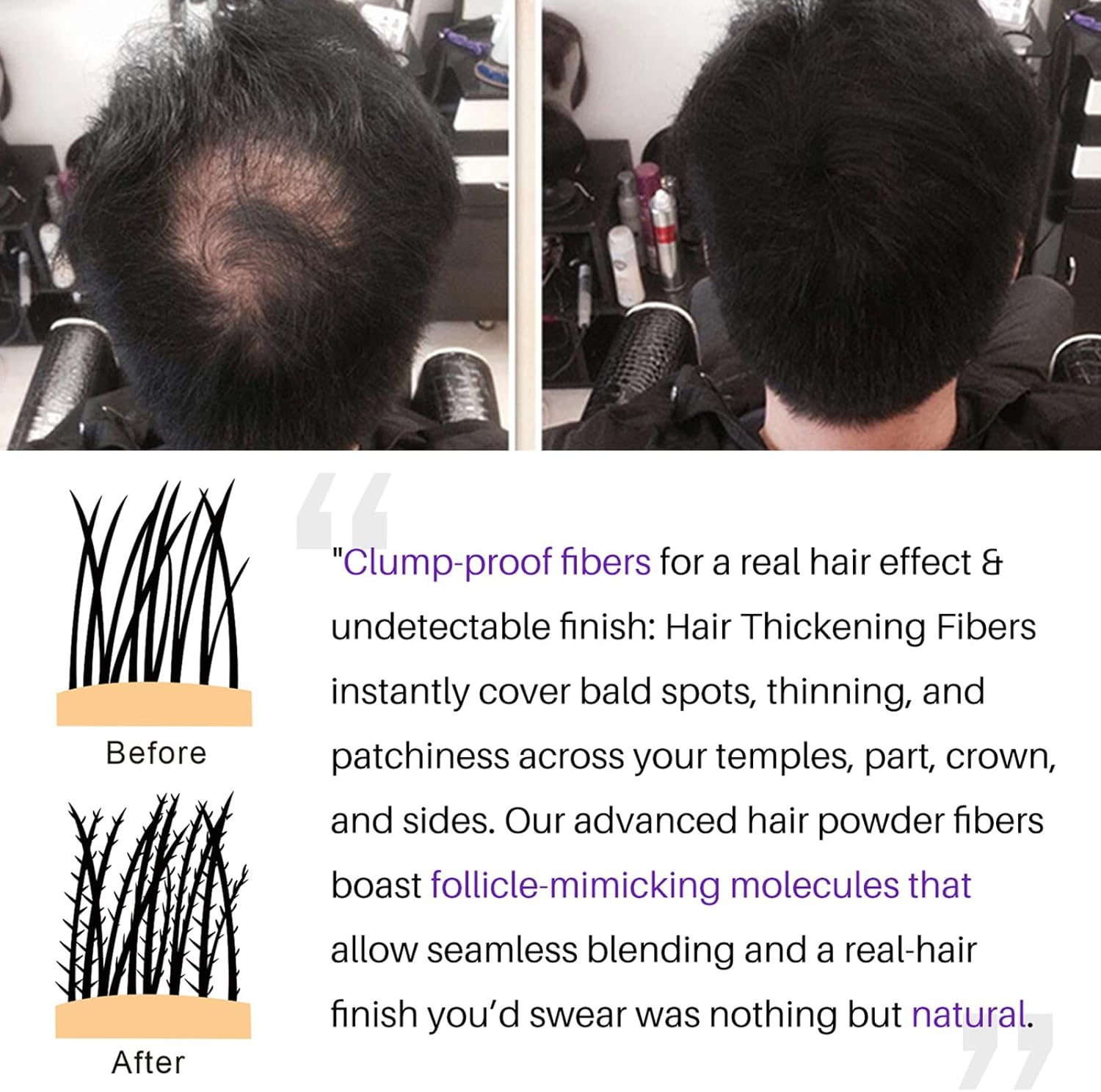 Roseflower 2Pcs Hair Fibers for Thinning Hair, Undetectable Natural Hair Thickening Fibers, Hair Building Fibers for Women and Men, Thicker Fuller Hair Conceals Hair Loss, Black 27.5G X 2 image number 4