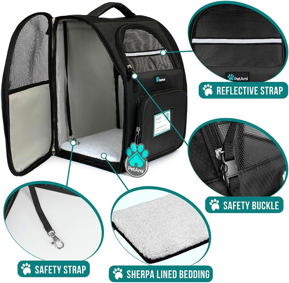 Petami Deluxe Pet Carrier Backpack for Small Cats and Dogs, Puppies | Ventilated Design, Two-Sided Entry, Safety Features and Cushion Back Support | for Travel, Hiking, Outdoor Use (Black)