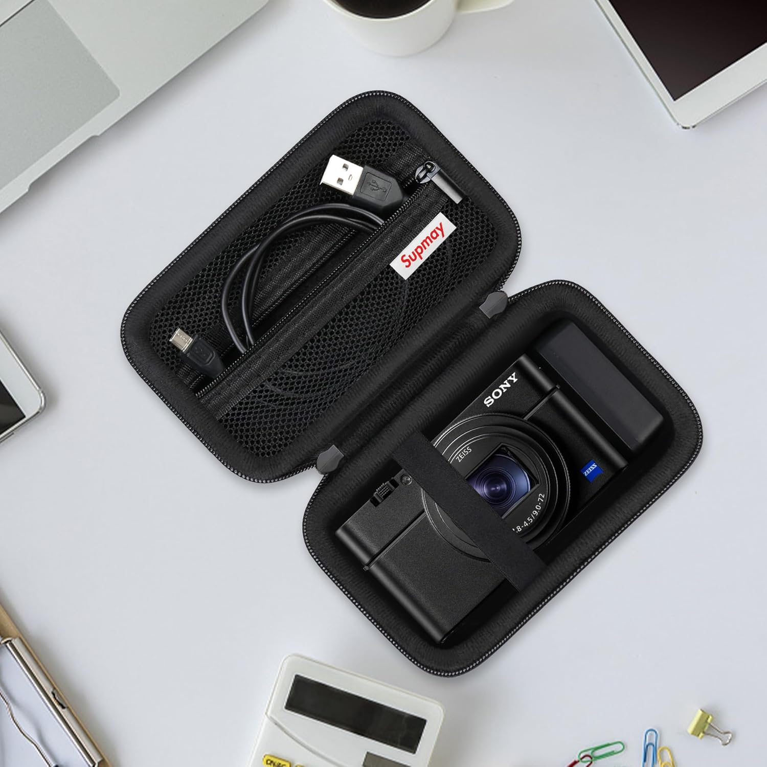 Supmay Carrying Case for Sony RX100 VII/ RX100 VI/ RX100 V/ RX100 IV/ RX100 III Premium Compact Camera, Storage Holder Travel Bag with Zipper Mesh Pocket for Charging Cable, USB Card, Black - Pink image number 6