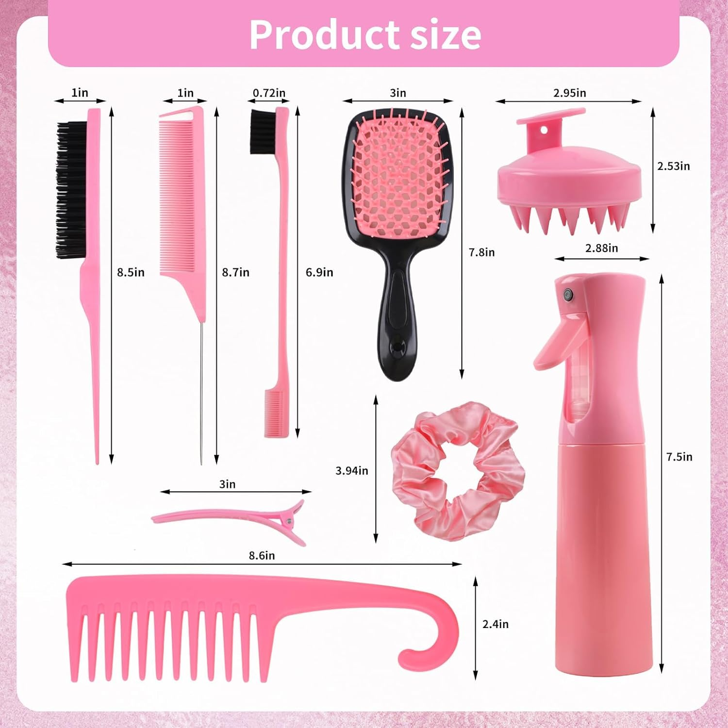 12 Pcs Hair Brush Set, 3 Pieces Slick Back Hair Brushes for Toddlers, Women, Detangling Brush for All Typs of Hair, Edge Bristles Wide Tooth Rat Tail Combs for Baby Girls Boys(Pink) - Pink image number 2
