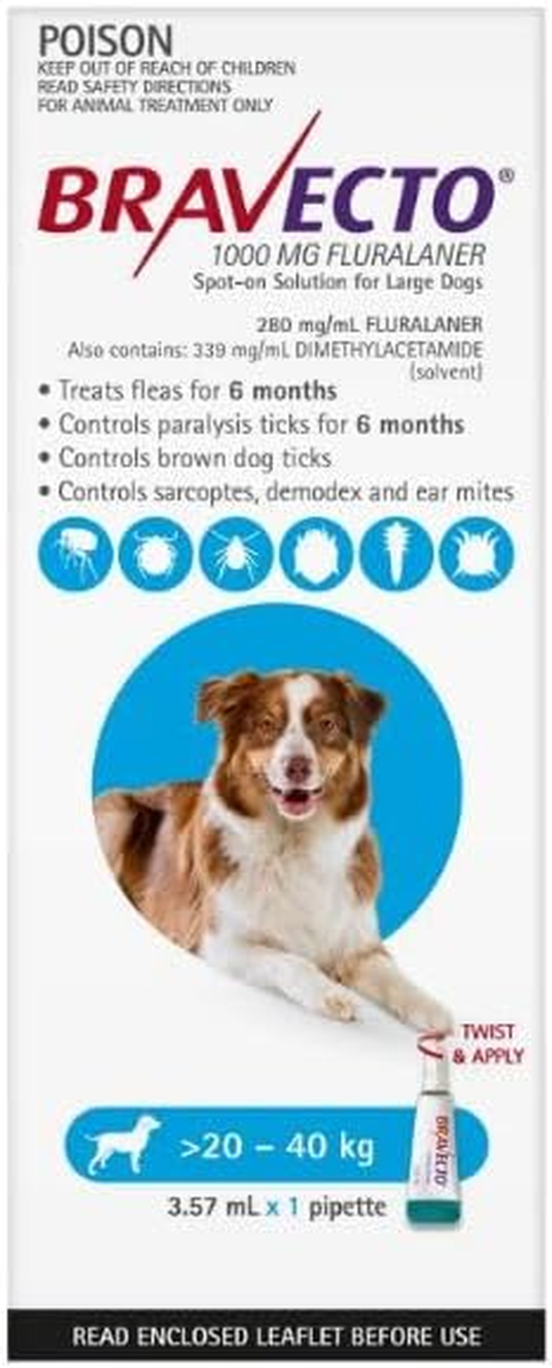 Bravecto Spot on for Large Dogs 20-40Kg Blue 2 Pipettes