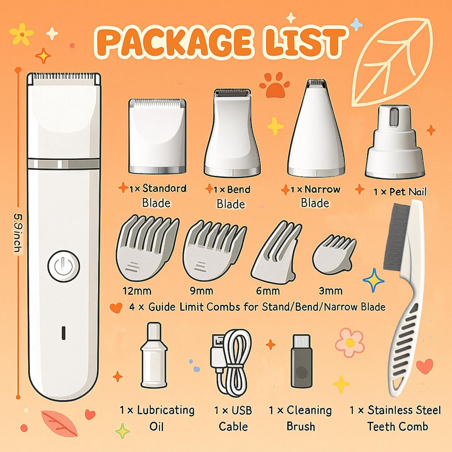 Paws2U 4 in 1 Dog Grooming Kit, IPX7 Waterproof Trimmer, Multi-Blade Pet Hair Clippers Kit, Pet Paw Trimmers & Nail Grinder, USB Rechargeable Clipper Grooming Trimmer for Small Dogs & Cats Indoors image number 6
