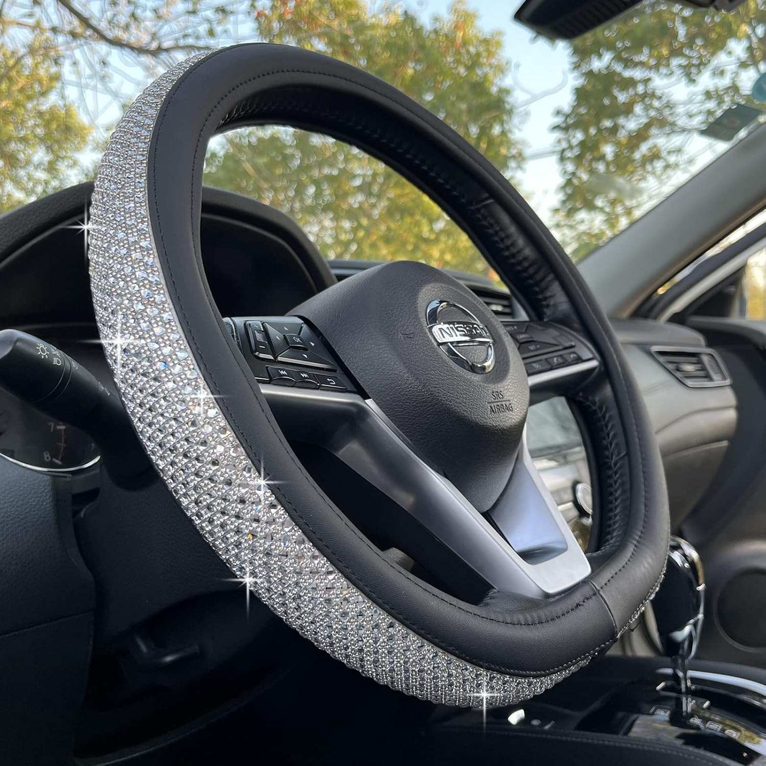 PINCTROT Bling Bling Comfy Steering Wheel Cover with Jumbo Crystal Rhinestones, Anti-Slip Diamond Leather, Universal 15 Inch (Silver)