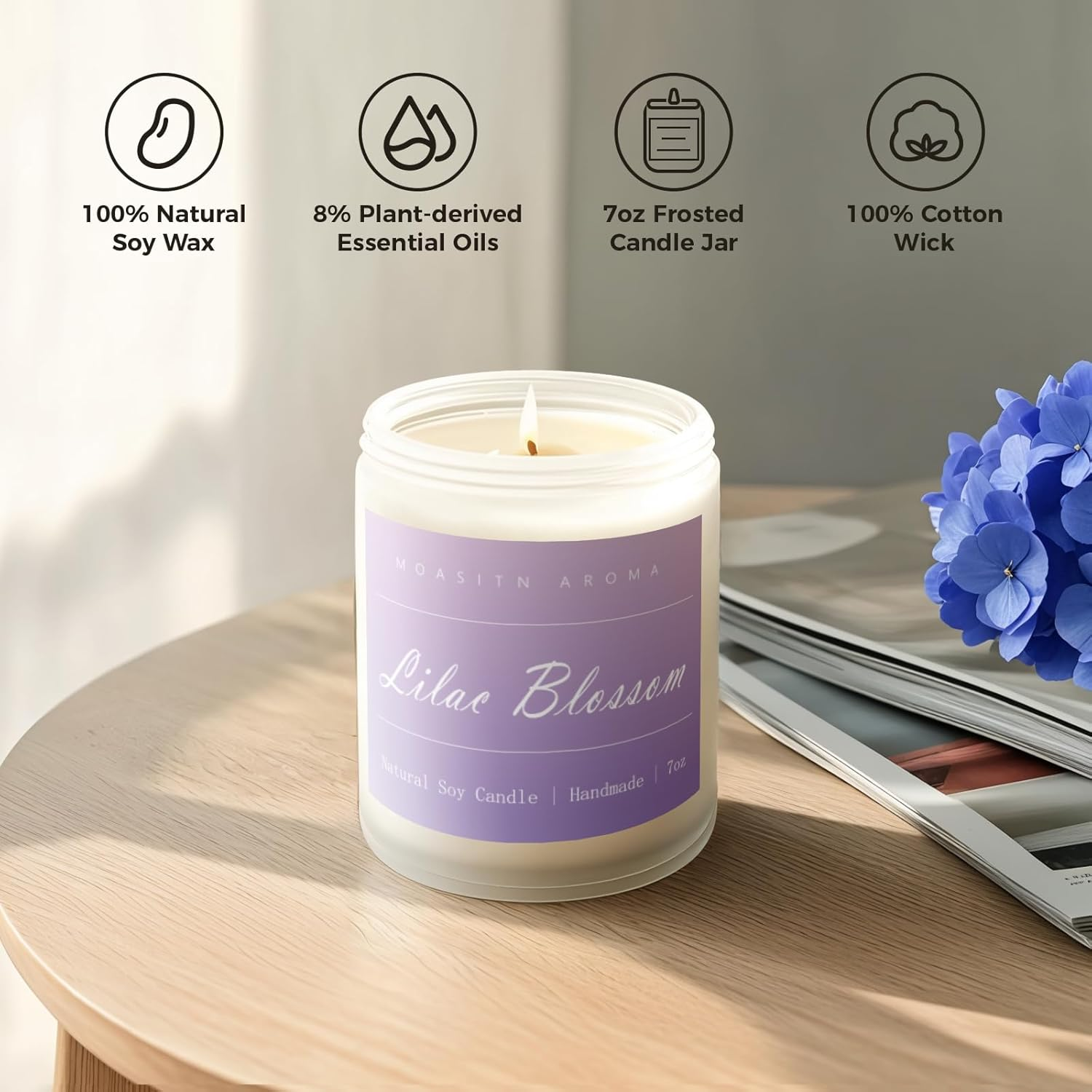 MOASITN Lilac Blossom Spring Soy Candle| Lavender,Lilac,Lemon Scented Candle for Home| Long Burning Aromatherapy Candle| Jar Candel for Women,Men for Birthday,Relaxing,Housewarming| 7Oz image number 2