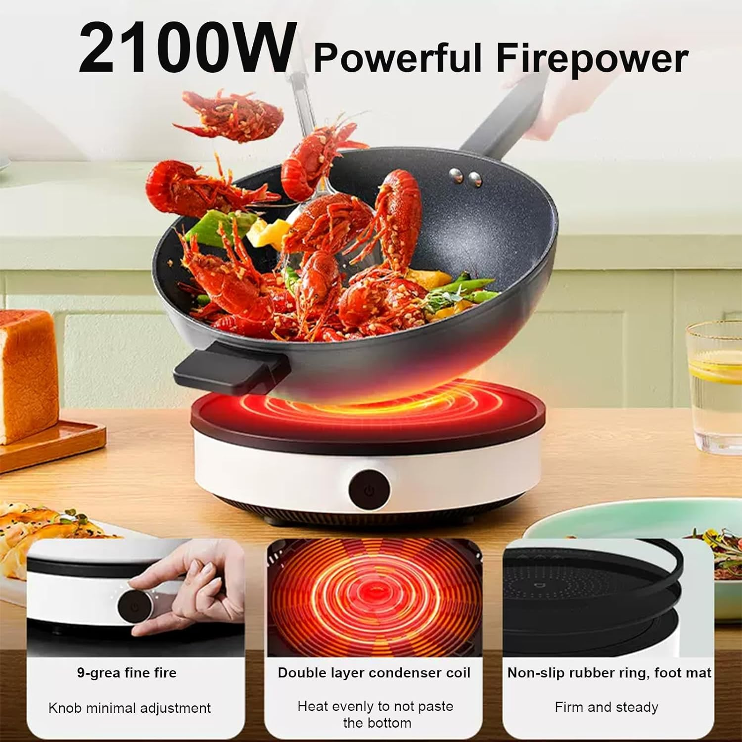 Xiao Mi MIJIA Portable Induction Cooker, 2100W Electric Cooktop Countertop Burner, 9-Level Power Knob Control, Low Noise Hot Plate (AU Adapter) image number 4