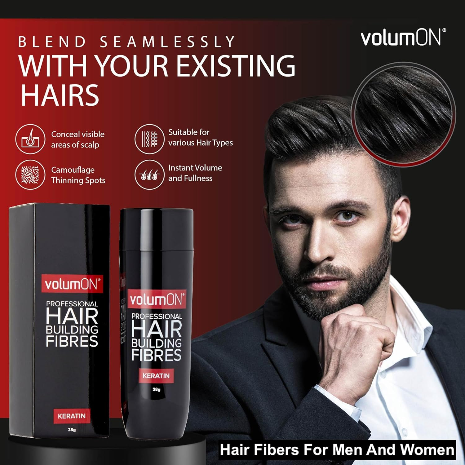Hair Fibres VOLUMON Keratin Hair Building Fibres for Thinning Hair - Instantly Conceals Thinning Areas for Fuller Thicker Hair - for Men & Women 28G plus Hairline Optimiser & Applicator (Black) image number 4