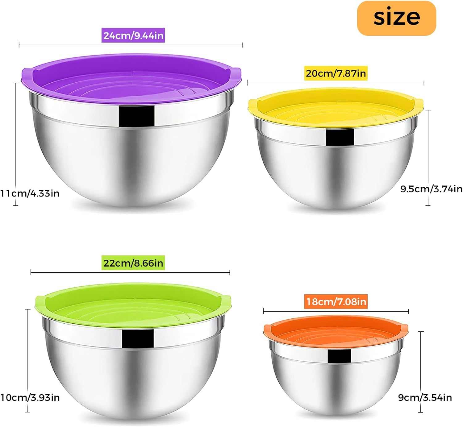 4Pcs Mixing Bowl Set, Stainless Steel Nesting Mixing Bowls Set, Salad Bowl with Lids for Baking/Cooking/Serving/Storage Dishwasher Safe image number 4