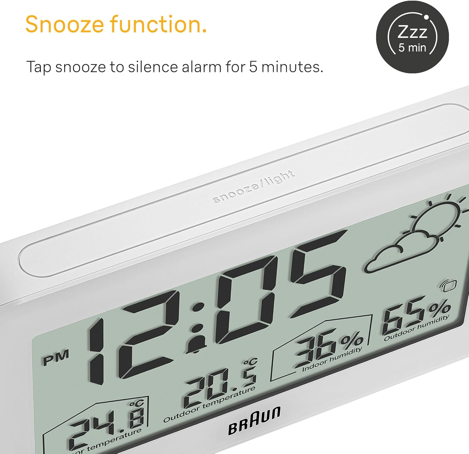 Braun Digital Weather Station Clock with Indoor and Outdoor Temperature and Humidity, Forecast, LCD Display, Quick-Set, Crescendo Beep Alarm in White, Model BC13WP. image number 1