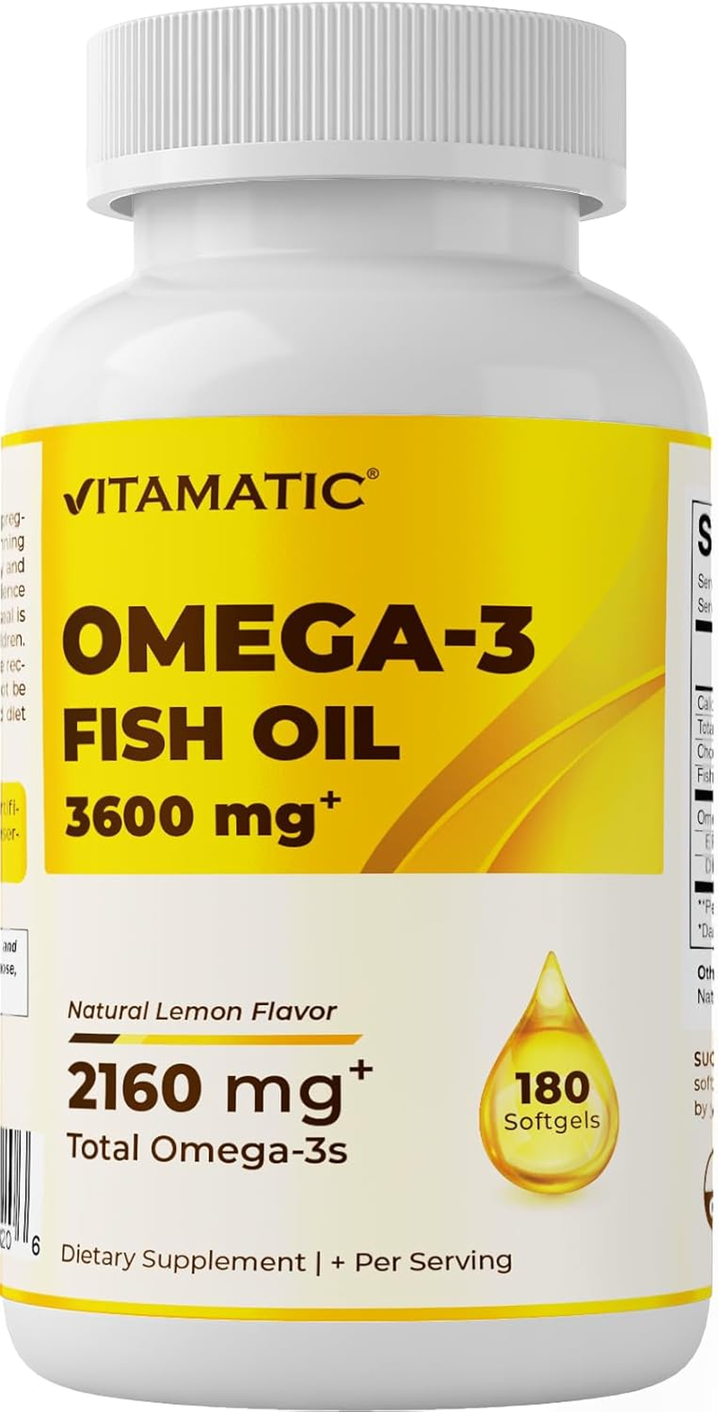 Vitamatic Triple Strength Omega 3 Fish Oil 3600Mg per Serving, 2160Mg Omega 3 Fatty Acids, 1296Mg EPA + 864Mg DHA, Burpless Lemon Flavor, 180 Softgels image number 3