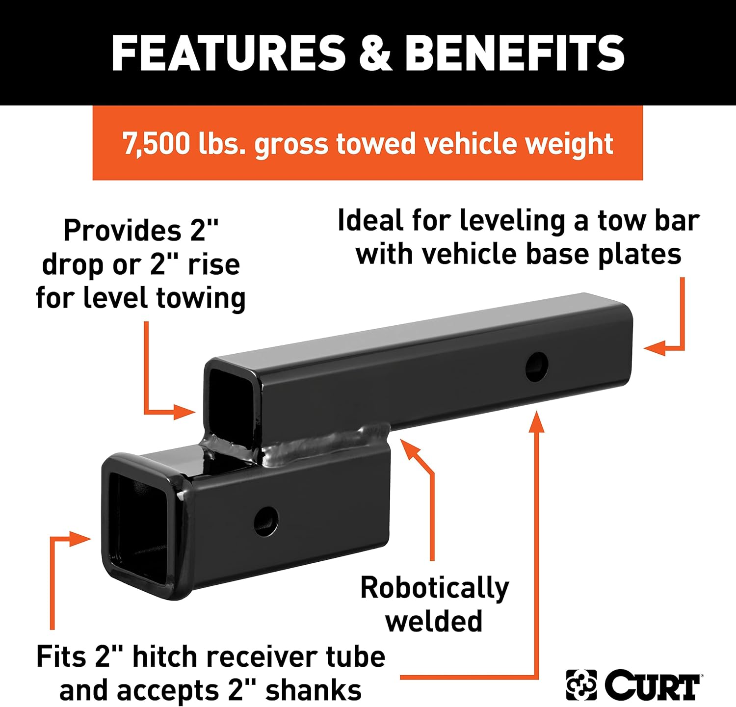 CURT 45797 Trailer Hitch Adapter, 2-Inch Receiver, 2-In Drop or Rise, 7,500 Lbs, Gloss Black Powder Coat image number 2