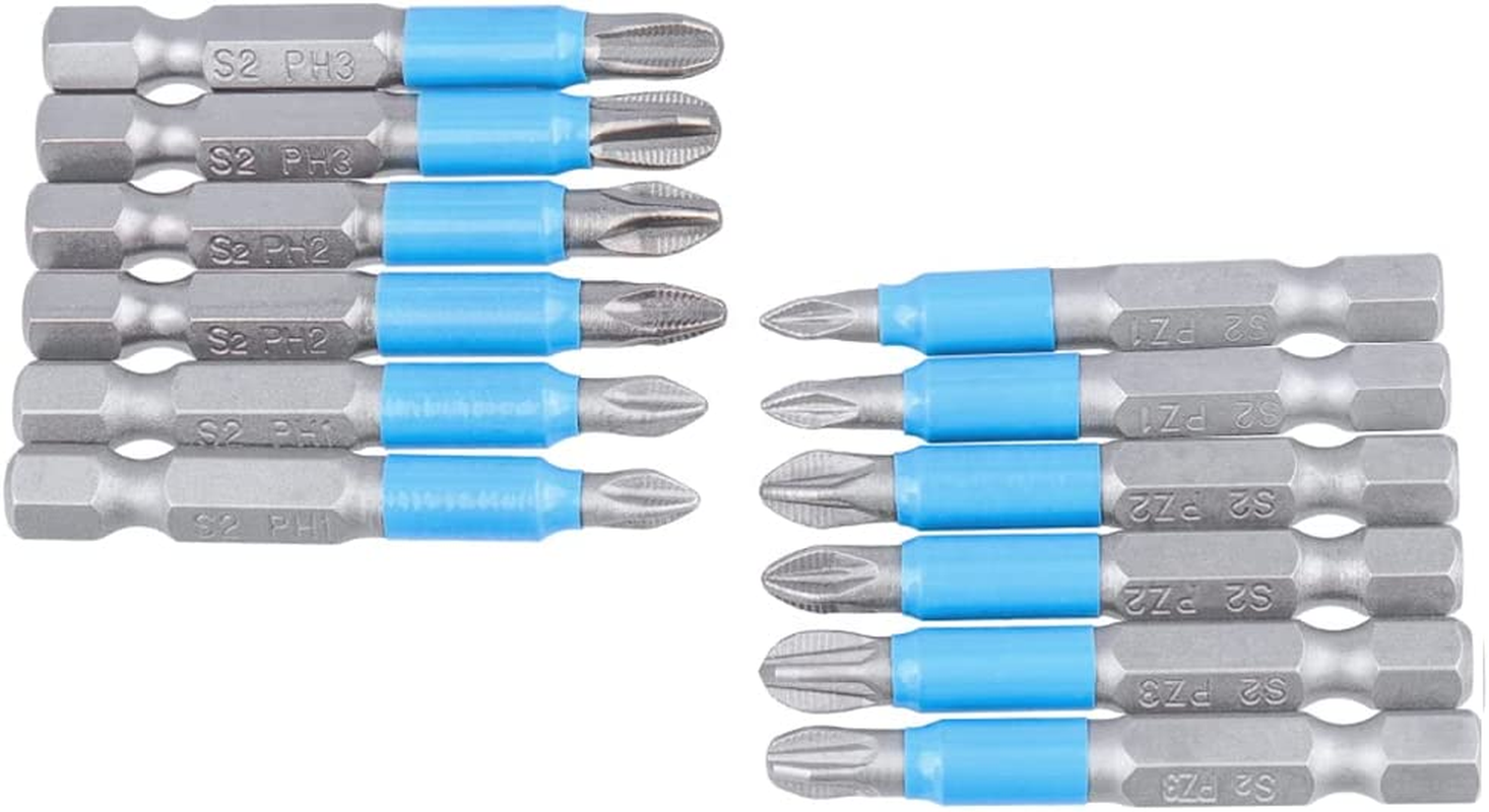 Yakamoz 12Pcs Magnetic anti Slip Phillips Screwdriver Bit Set, 1/4 Hex Shank, PZ1, PZ2, PZ3, PH1, PH2, PH3, 50Mm