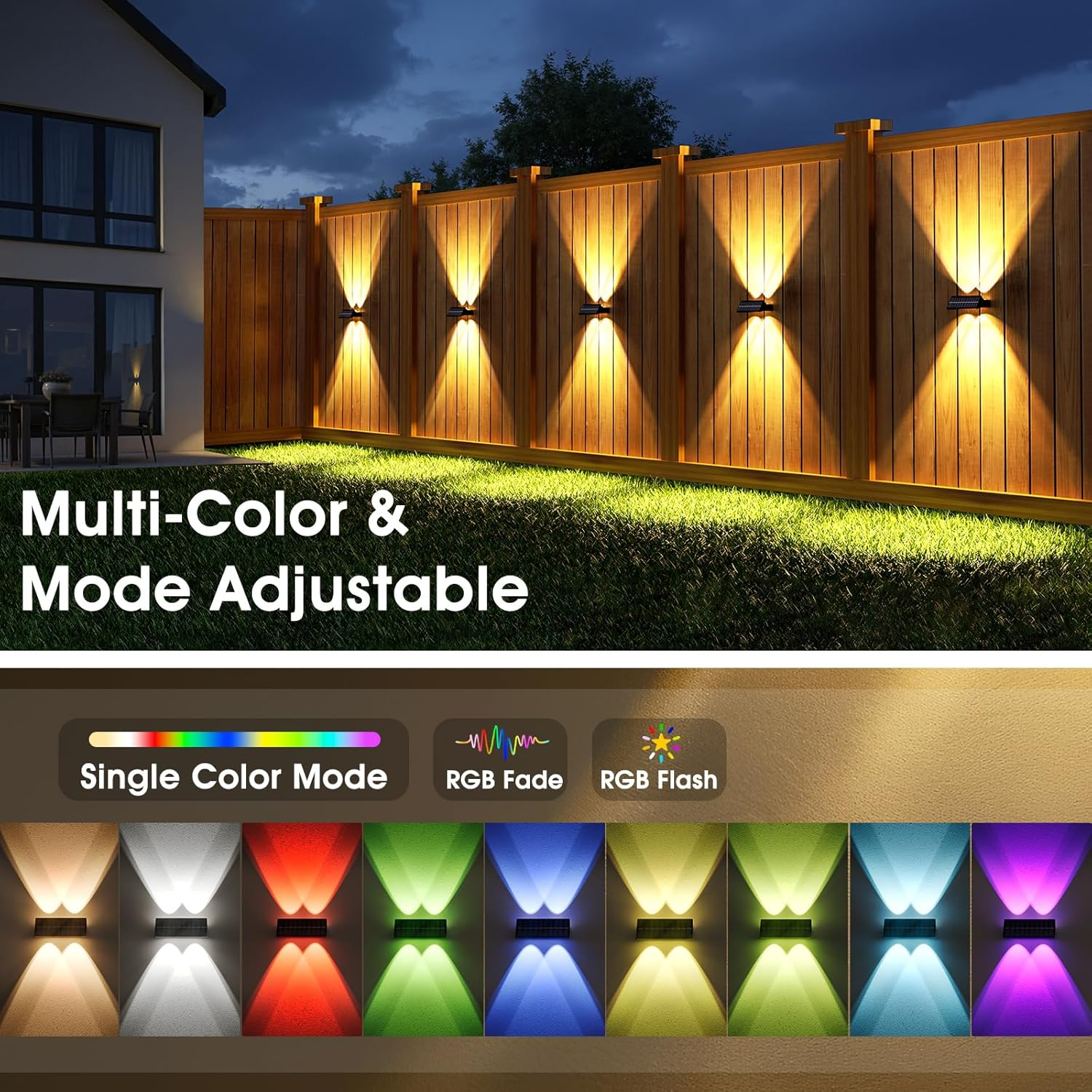 VOLISUN Solar Fence Lights Outdoor Garden 6 Pack, 9 Color Modes RGB Solar Garden Lights Waterproof IP65, Bright Fence Solar Lights for outside Deck Patio Gate Yard Pathway Decoration(Black) image number 2
