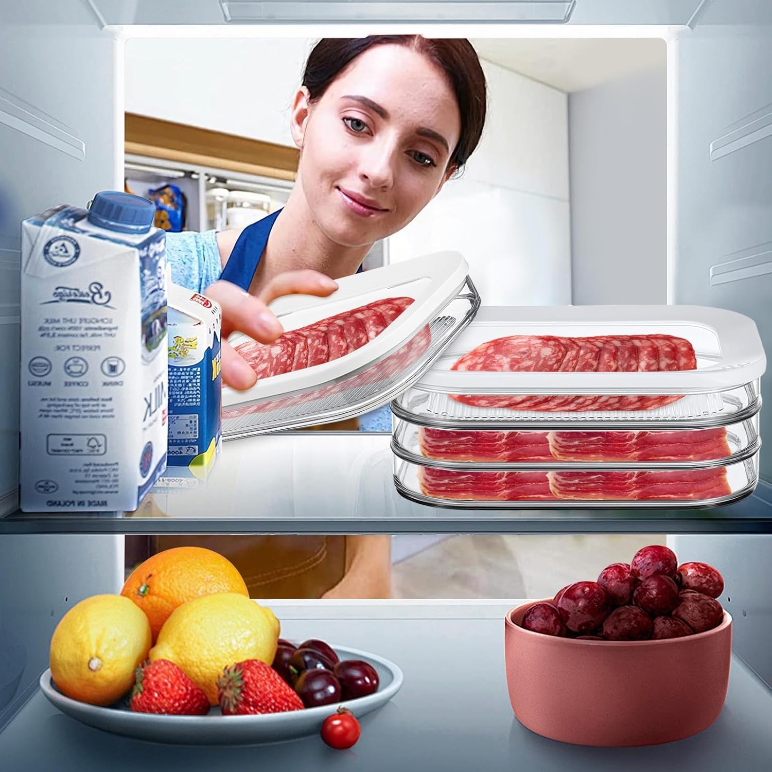 Deli Meat Container for Fridge, Stackable Bacon Cheese Container for Refrigerator, Food Storage Boxes with Lid for Cold Cuts, Lunch Meat, Salami, Meal Prep Containers, BPA Free image number 2