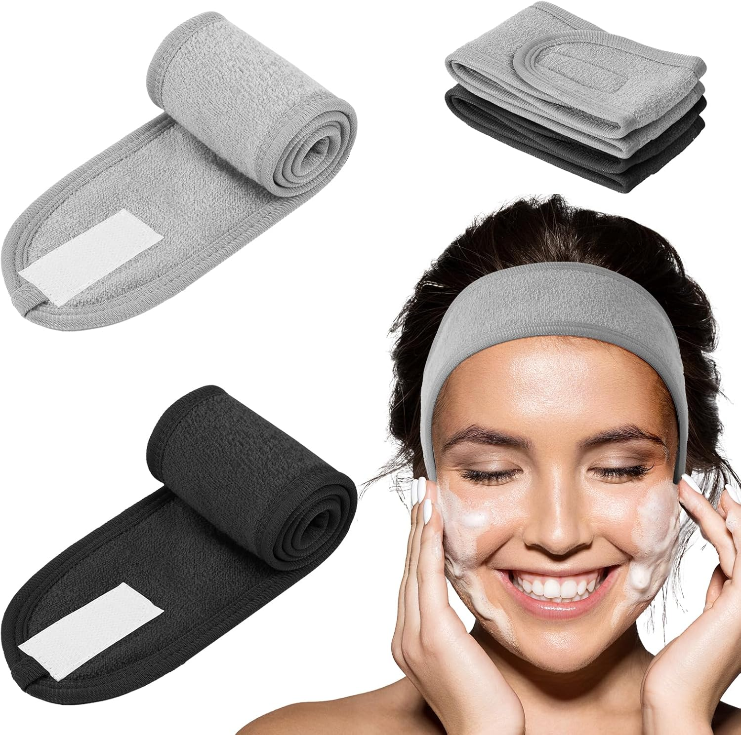 LOPHE 6 Pack Spa Headband, Facial Makeup Hair Wrap with Adjustable Magic Sticker, Women Skincare Headband, Washband for Shower, Headband for Washing Face Shower Sports (White)