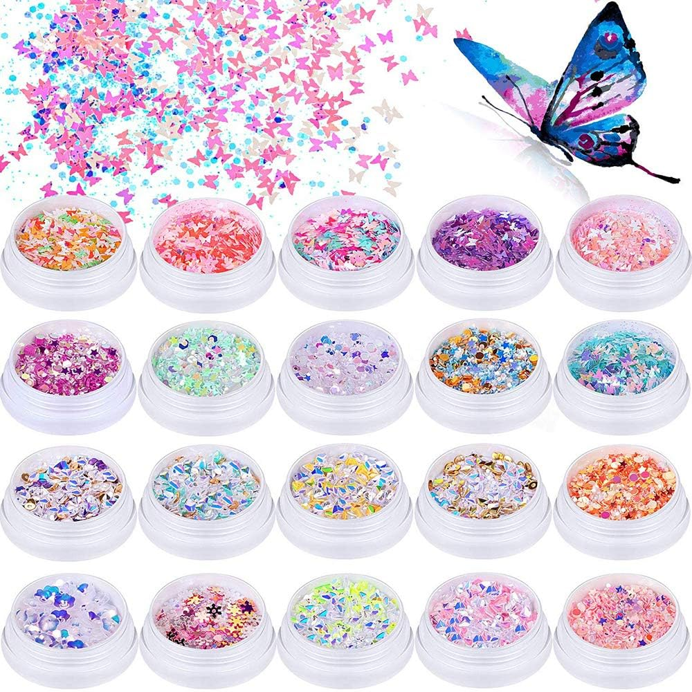 20 Boxes 3D Butterfly Nail Glitter Sequins Snowflake Diamond Star Shaped Sequins for DIY Nail Art Decoration image number 2