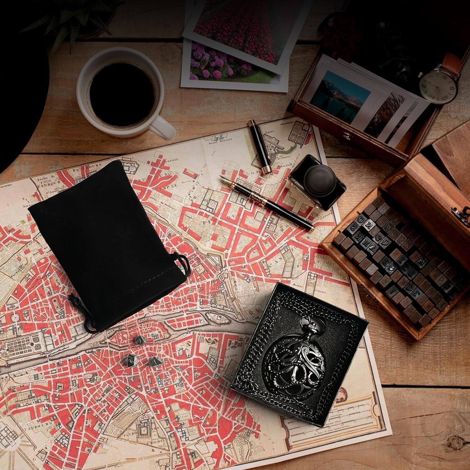 Mini DND Dice Set with Pocket Watch Shell, 7PCS Polyhedral Metal Dice Set Perfect for Dungeons and Dragons Gifts, MTG, Role Playing Board Games Accessory (Zy01-Black) - Zy01-Red Copper image number 2