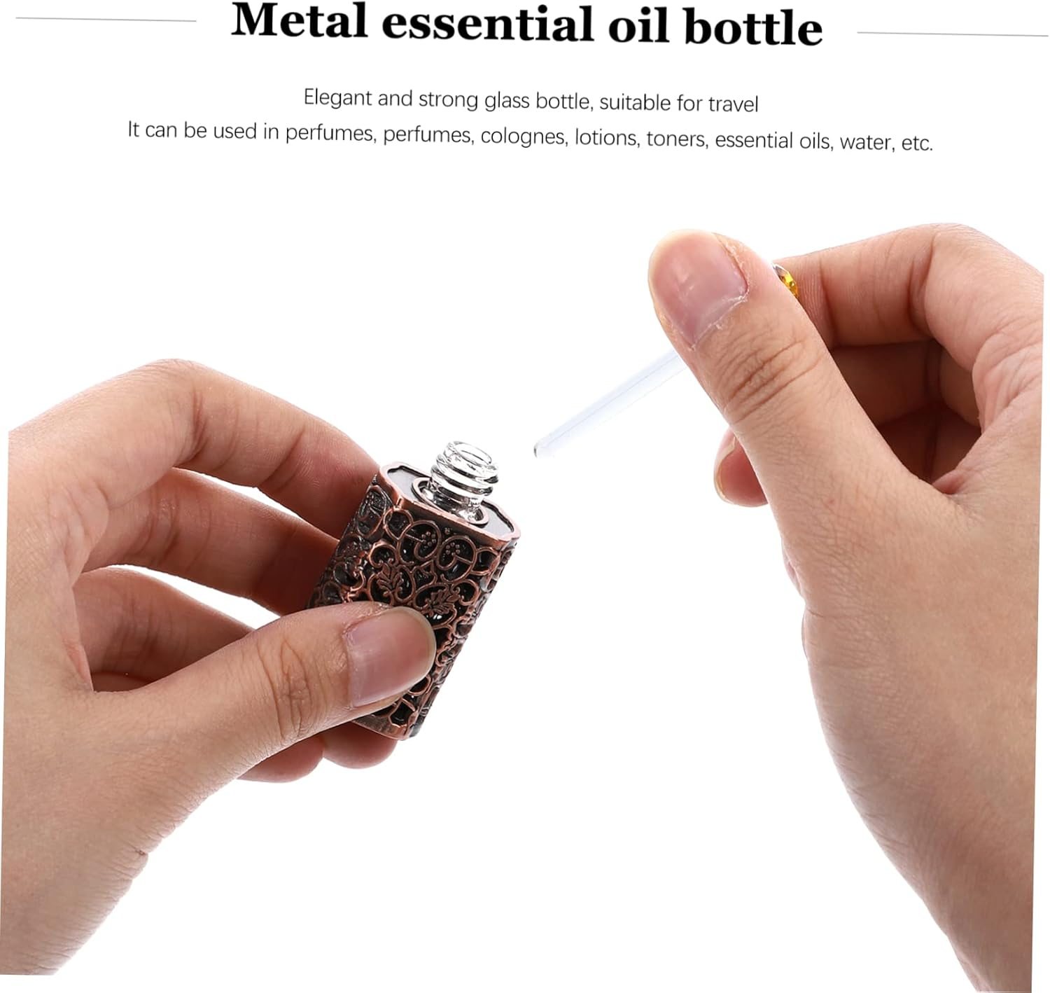 GARVALON Essential Oil Dispenser Hollow Engraved Metal Glass Travel Bottle for Perfume and Cosmetic Use image number 5