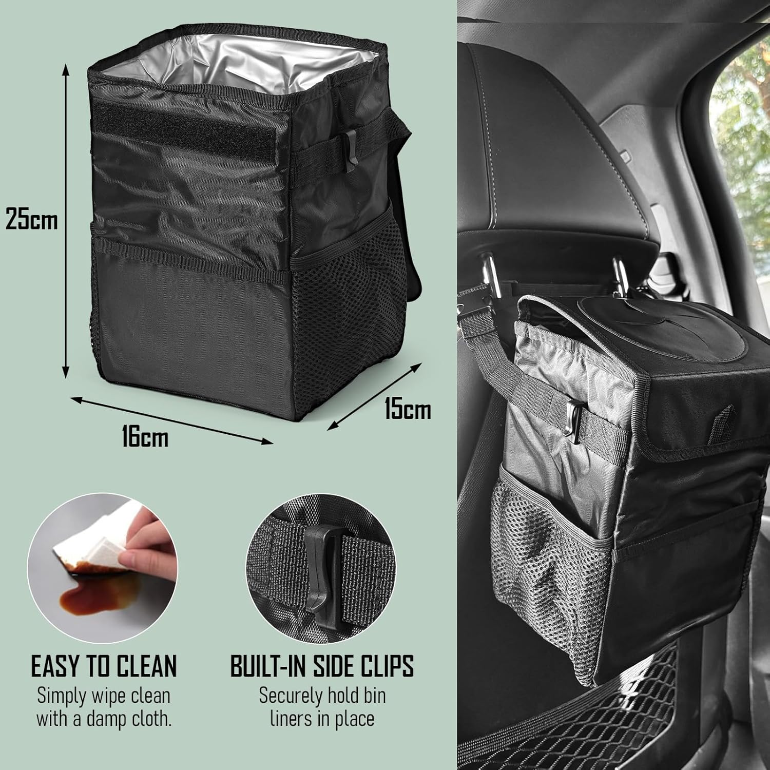 Foldable Waterproof Car Bin for Trash with Lid, Rectangle Vehicle Dustbin Organizer for Hanging on Seat or Floor, for Car Office Home Camping (Black) image number 4