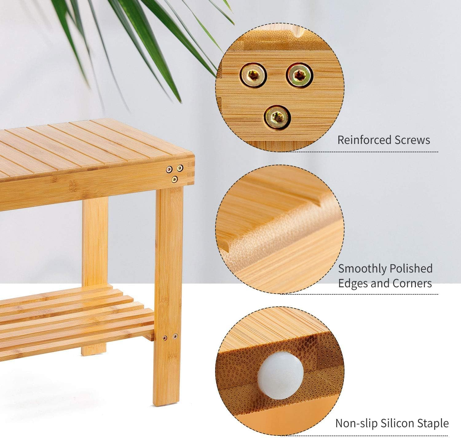 Vaefae Bamboo Spa Bench Wood Seat Stool Foot Rest Shaving Stool with Non-Slip Feets Storage Shelf for Shampoo Towel,Works in Bathroom/Living Room/Bedroom/Garden Leisure image number 1