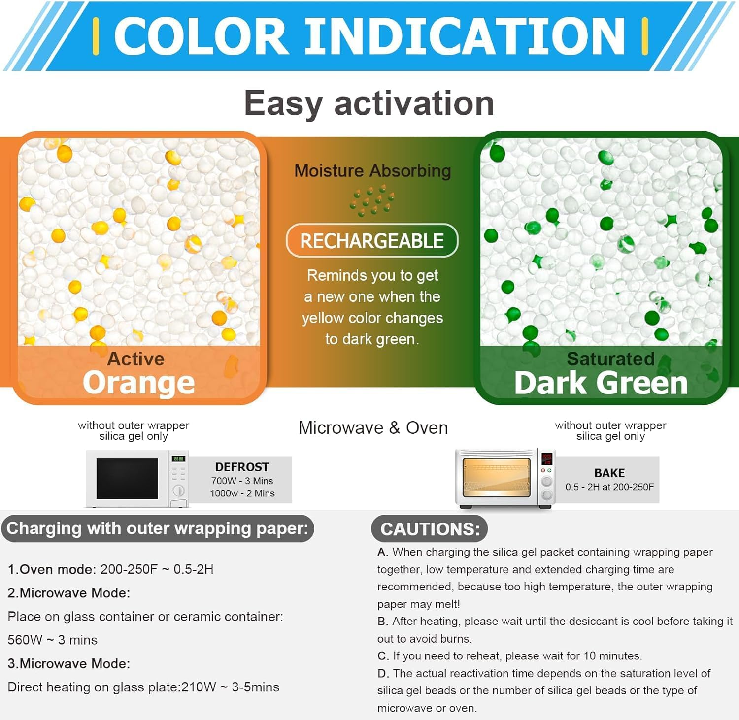 Silica Gel Packets 50 Gram [20 Packs], Moisture Absorber Sachets with Color Indicator, Reusable Desiccant for Food Storage, Electronics & Closet（2 Packs in Individual Bag） image number 4