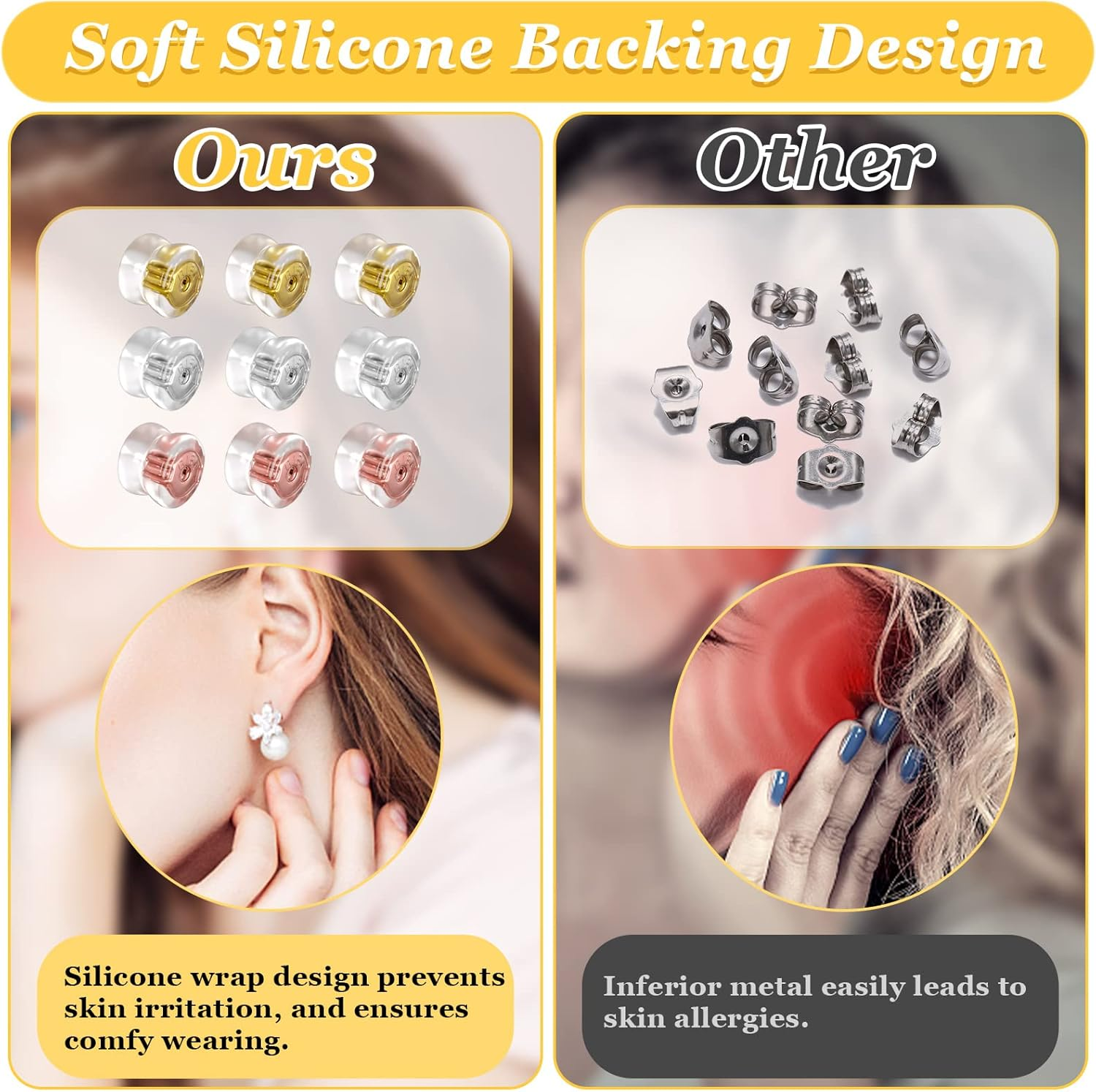 24 Pcs Silicone Earring Backs, 18K Gold Locking Secure Earring Backs for Studs Droopy Fish Hook Heavy, 12 Pairs Hypoallergenic Comfy Soft Earring Stoppers Replacement Clear for Adults Teens image number 6