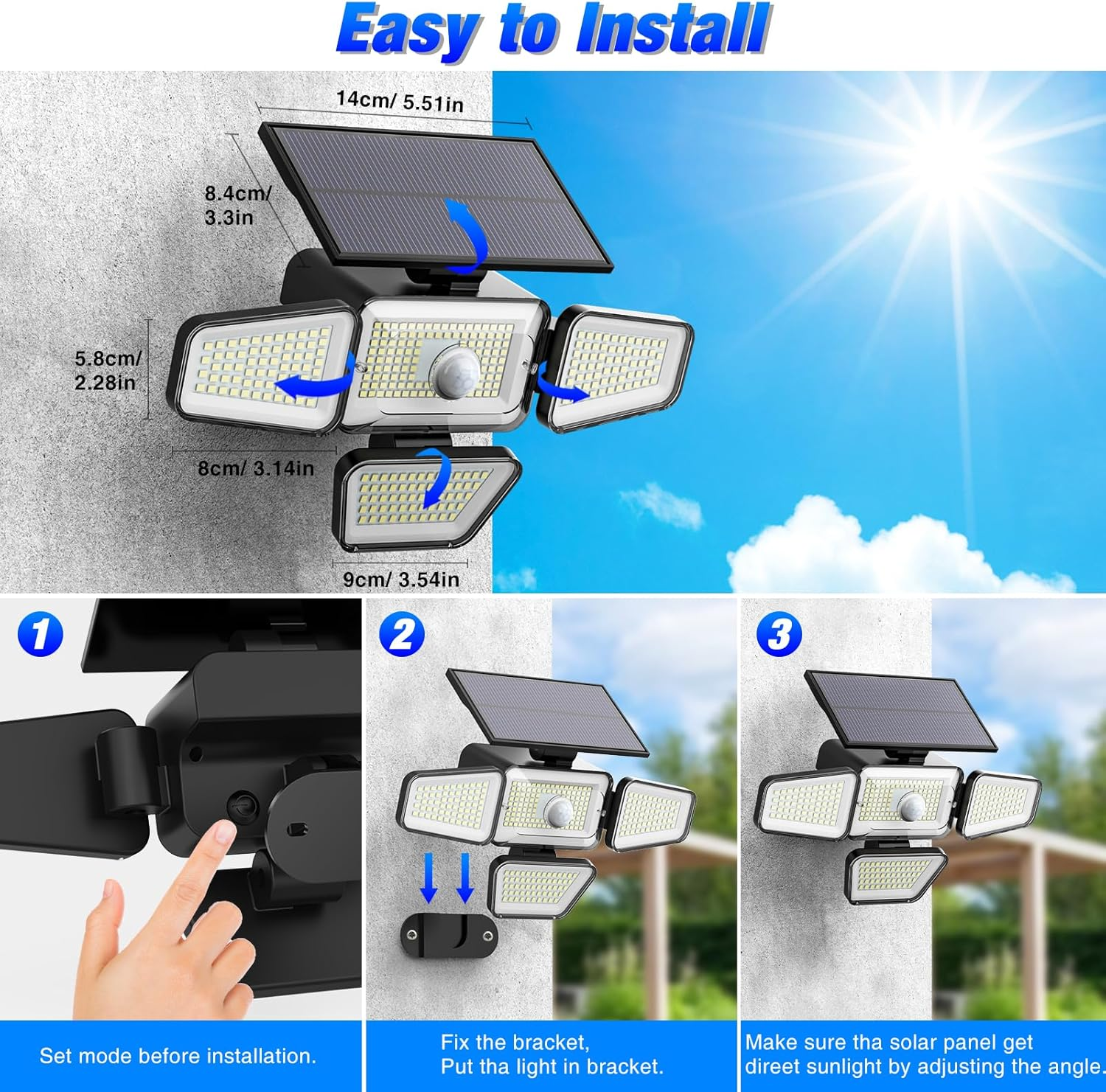 Peasur Pack of 4 Solar Lights for Outdoor Use with Motion Sensor, 318 LED Solar Lights Outdoor, IP65 Waterproof Solar Outdoor Light for Garden, Balcony, Garage, Fence