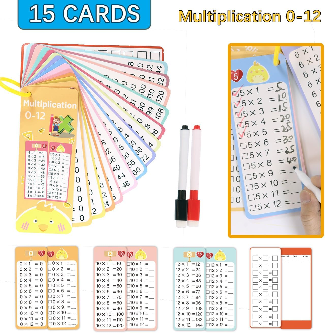Multiplication and Division Flash Cards Set - 30 Double-Sided Cards + 4 Dry Erase Markers & 2 Rings | Reusable Self-Checking Classroom & Homeschool Math Learning Tools for Grades 1-3, Teacher Supplies image number 4