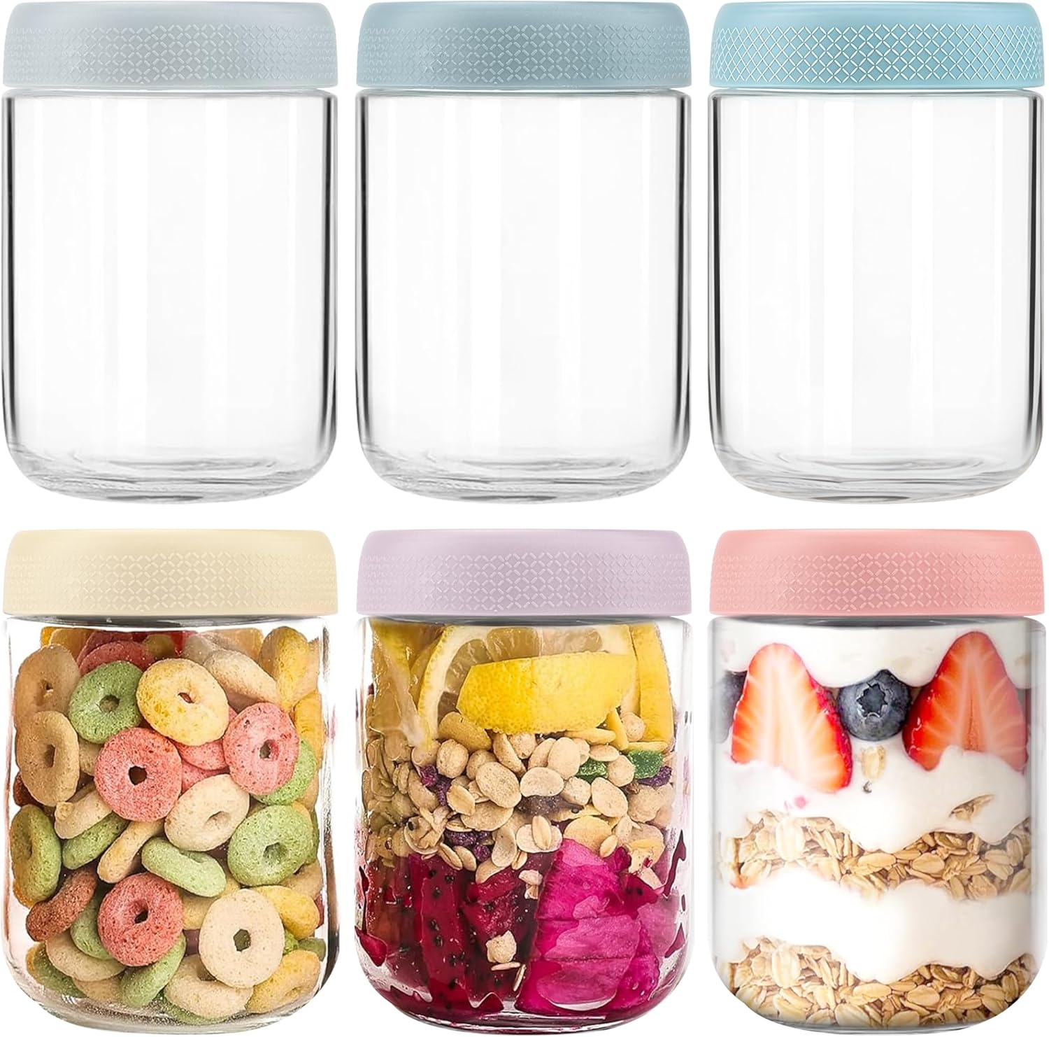 6-Pack Overnight Oats Containers with Lids, 473Ml/16Oz Clear Glass Jars with Airtight Lids, Wide Mouth Mason Jars, Food Storage Containers for Meal Prep Chia Spice Cereal Snacks Yogurt Salad Sugar image number 5
