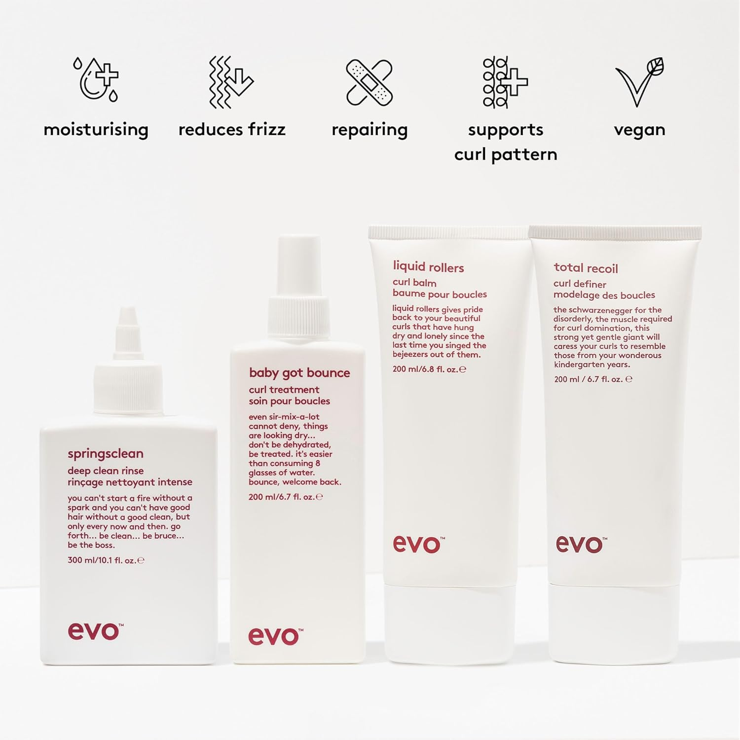 Evo Curly Hair Care Routine Bundle: Springsclean Shampoo, Baby Got Bounce Curl Treatment, Liquid Rollers Curl Balm & Total Recoil Curl Definer image number 2
