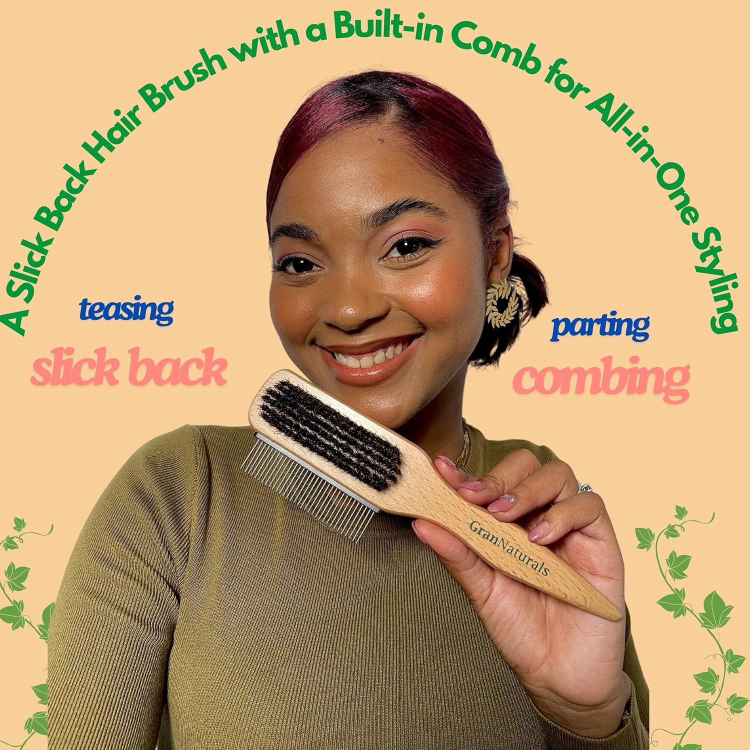 Grannaturals 2 Sided Boar Bristle Slick Back Hair Brush with Comb image number 2