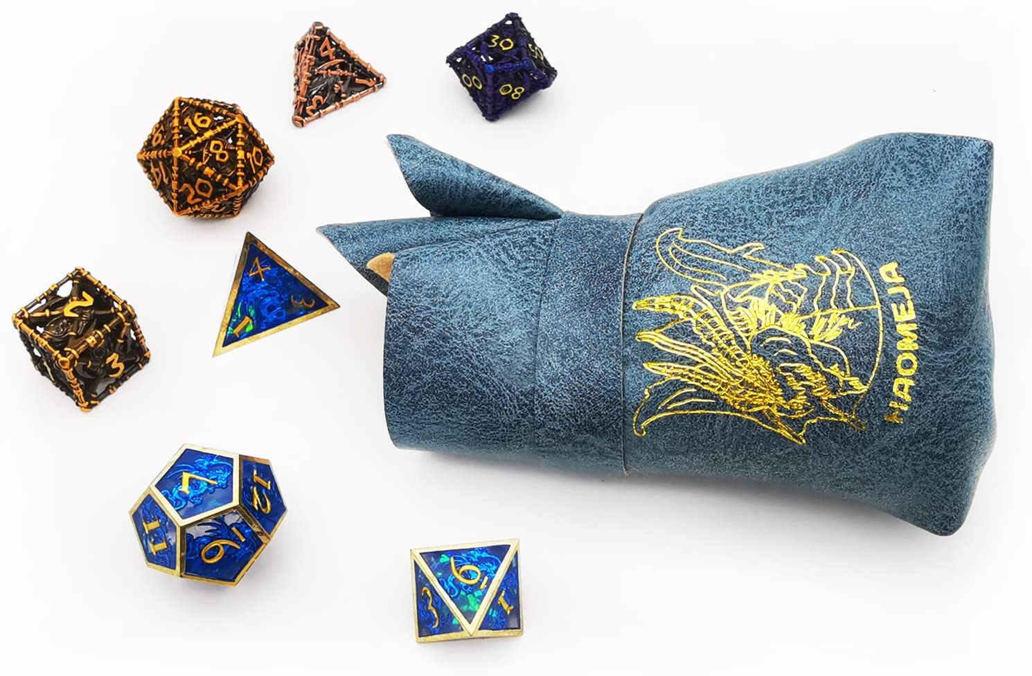 HAOMEJA DND Dice Tray & Bag with Button - Role Playing Dice Tray & Bag for Leather Dice, Jewelry, Coins & Small Accessories (Blue)