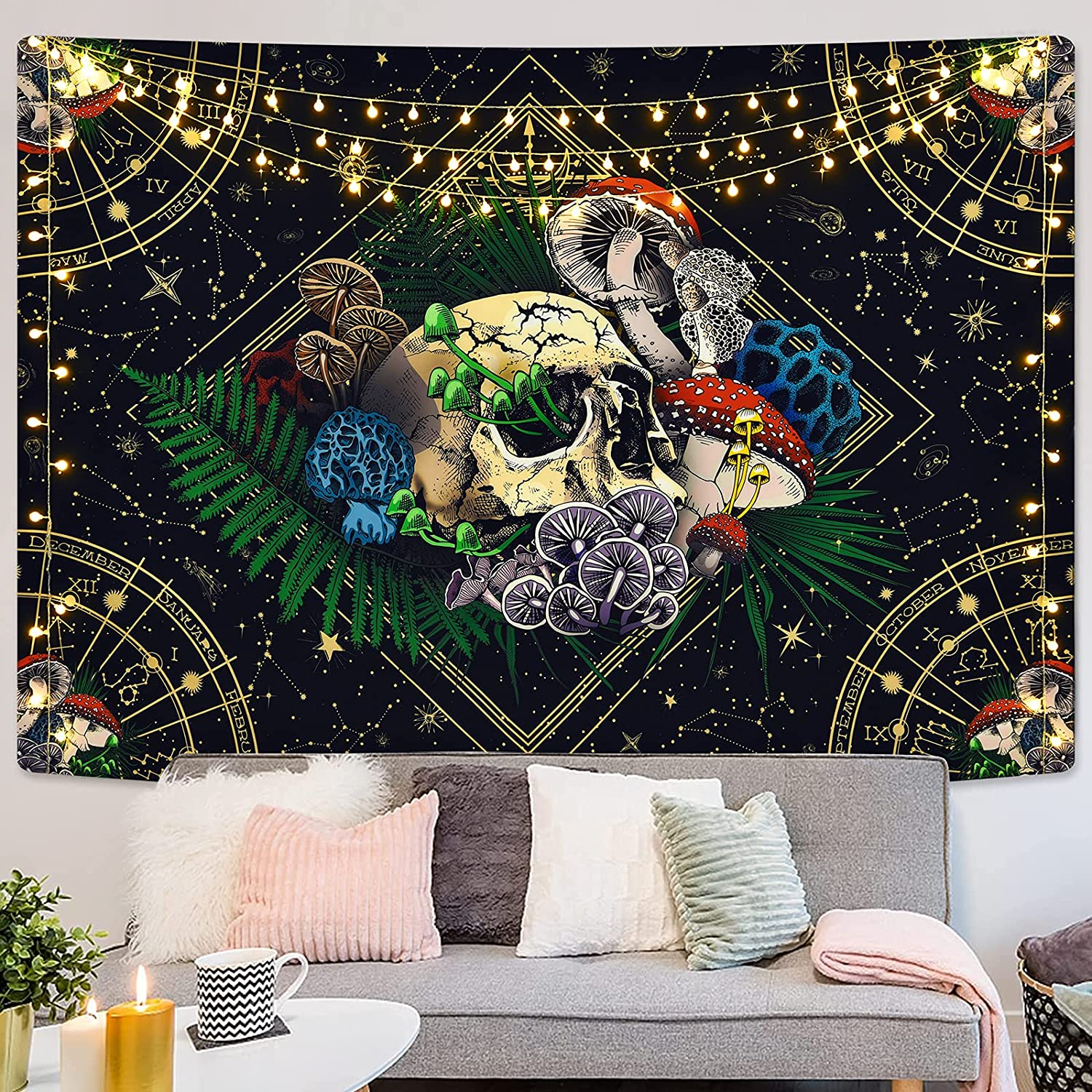 Livole Skull Tapestry Colorful Plants Tapestry Constellation Tapestry Black Starry Tapestry Trippy Tarot Tapestry Wall Hanging for Room(59.1 X 59.1 Inches) image number 3