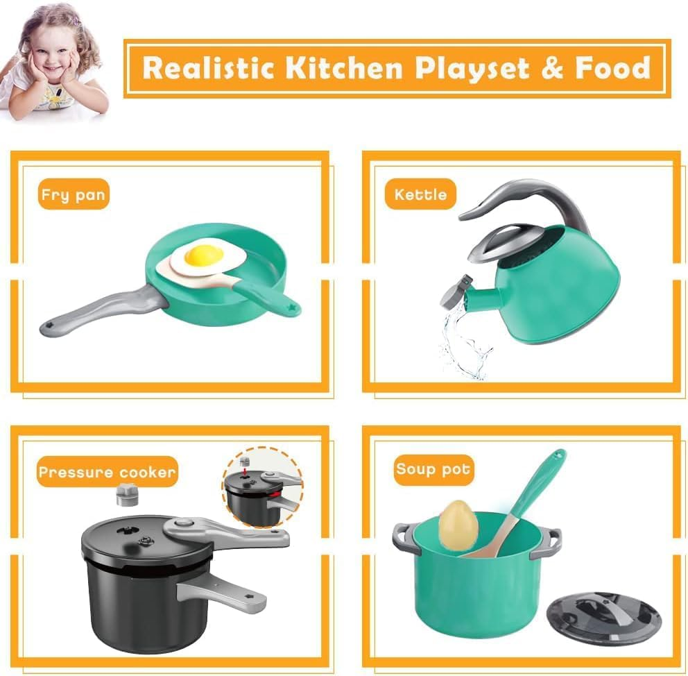 61 Piece Mini Play Kitchen Accessories for Kids, Pretend Cooking Playset with Pots, Pans, Utensils, Cutting Fun Fruits & Veggies, Learning Gift for Toddlers, Girls & Boys (Green) - Green image number 3