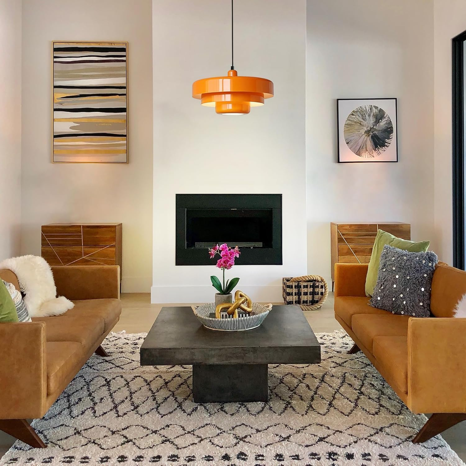 Mid Century Pendant Light Fixtures Orange Ceiling Pendant Lighting 3-Layer Metal Shade Design Vintage Hanging Light Flush Mount Light for Kitchen Island Dining Table Hallway (Orange) image number 1