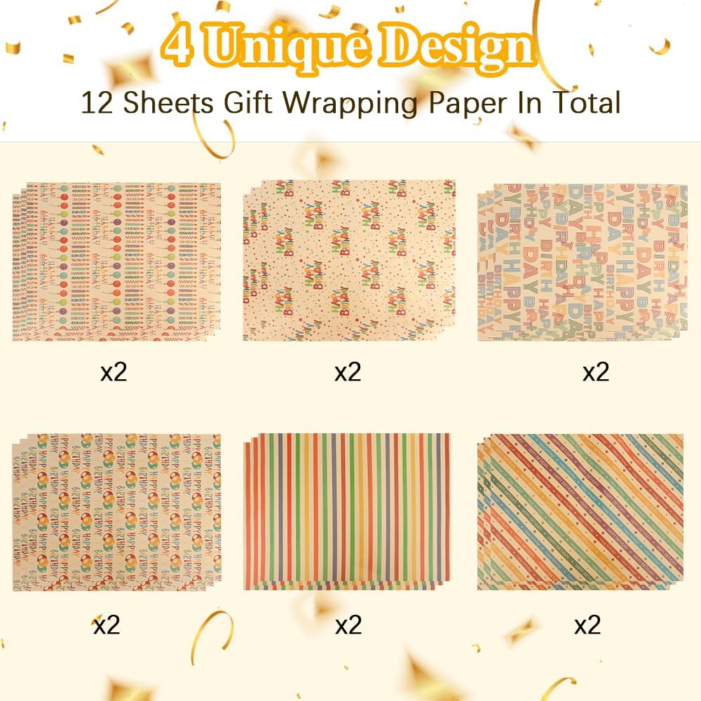 Rugwioyu 12 Sheets 20X27In Birthday Wrapping Paper Roll 4 Style Funny Gift Wrapping Supplies image number 4