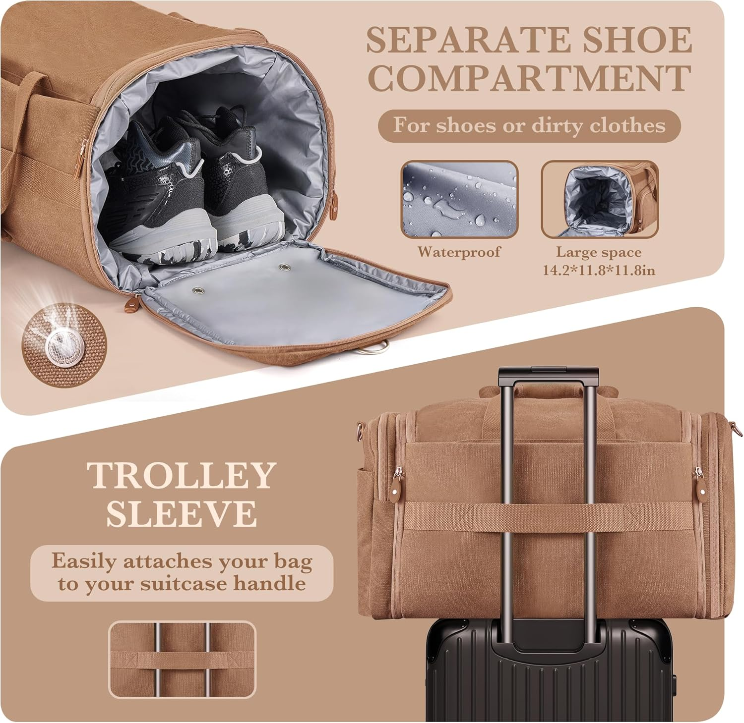 SHOWKOO Duffle Bag for Travel 60L Expandable Canvas Travel Bag Durable Vintage Weekender Overnight Carry on Bag, Khaki, Large-60L, Vintage image number 4