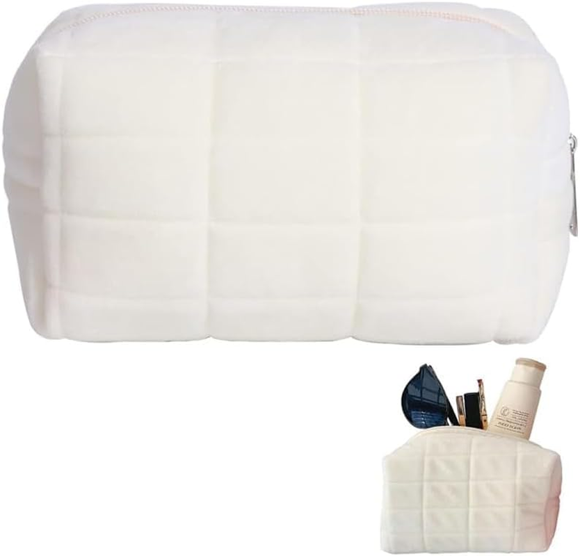 1 Pack Plush Makeup Bag Cosmetic Bag Large Capacity Pencil Pen Case, Zipper Travel Toiletry Pillow Bag, Pouch Holder Box Organizer Aesthetic Stationery Supply for Girls Adults (White)