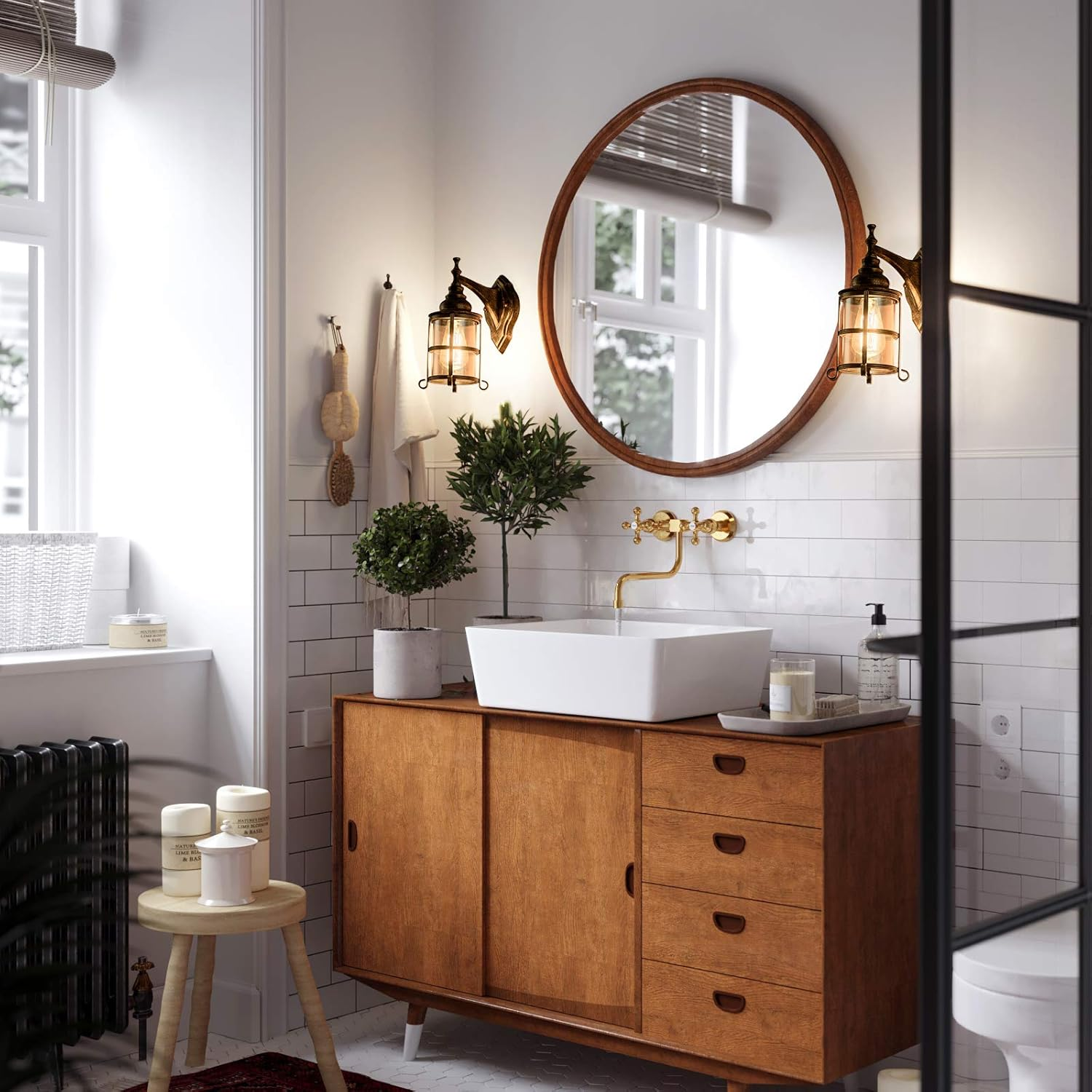 Rustic Amber Glass Wall Light 2-Pack, Bronze Brushed, Industrial Farmhouse Lamp Sconce Porch Lighting Waterproof Retro Lamp for Indoor Bedroom Living Room Outdoor（No Bulb） image number 2