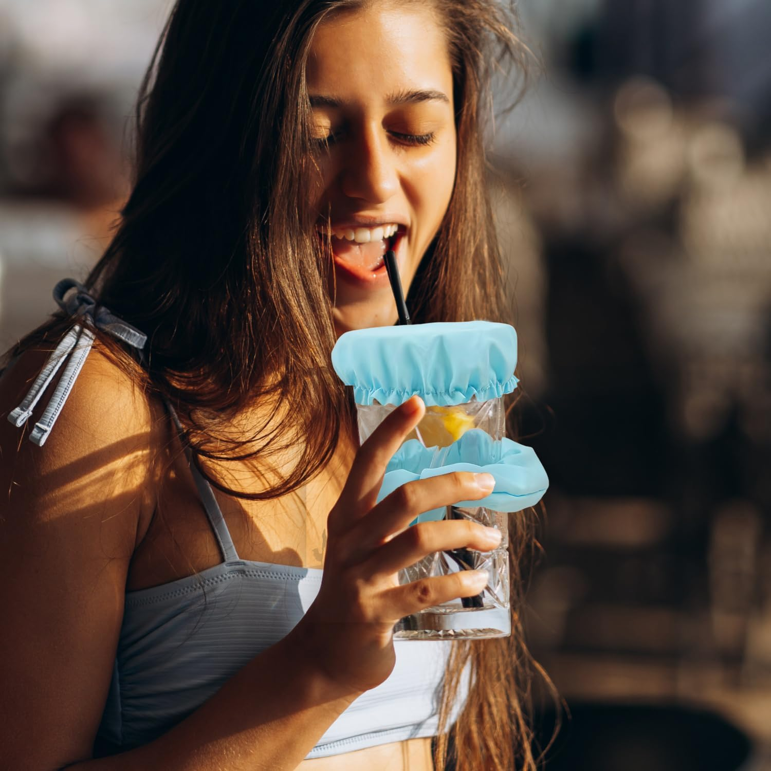 Glamifyr Pack of 6 Cap Scrunchie Hair Band Drink Cover, KO Drop Protection Bracelet, Drink Protection Lid, Drink Covers, Anti-Spike with Straw Hole, Reusable anti Spike Drink Covers image number 3