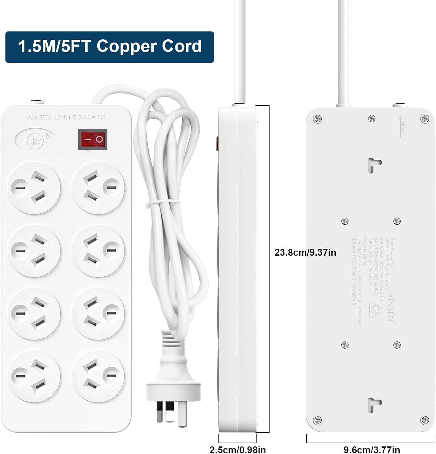 HITRENDS Powerboard, 8-Outlet Power Strip with Switch, Surge Protector Mountable,Max 2400W/10A,1.5-Meter Extension Power Cord for Travel Cruise Ship Home Office Accessories image number 2