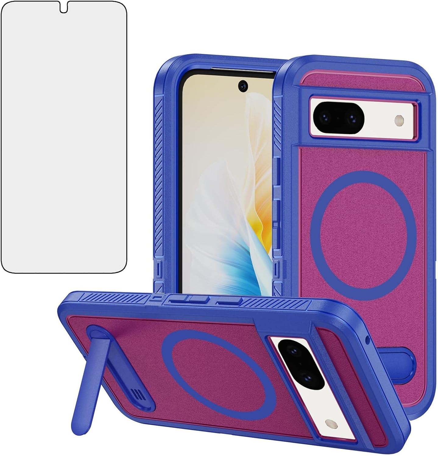 Asuwish Phone Case for Google Pixel 8 5G Compatible with Magsafe Tempered Glass Screen Protector Cell Cover Stand Rugged Shockproof Clear Magnetic Protective Pixel8 Eight Women Men (Black+Black)