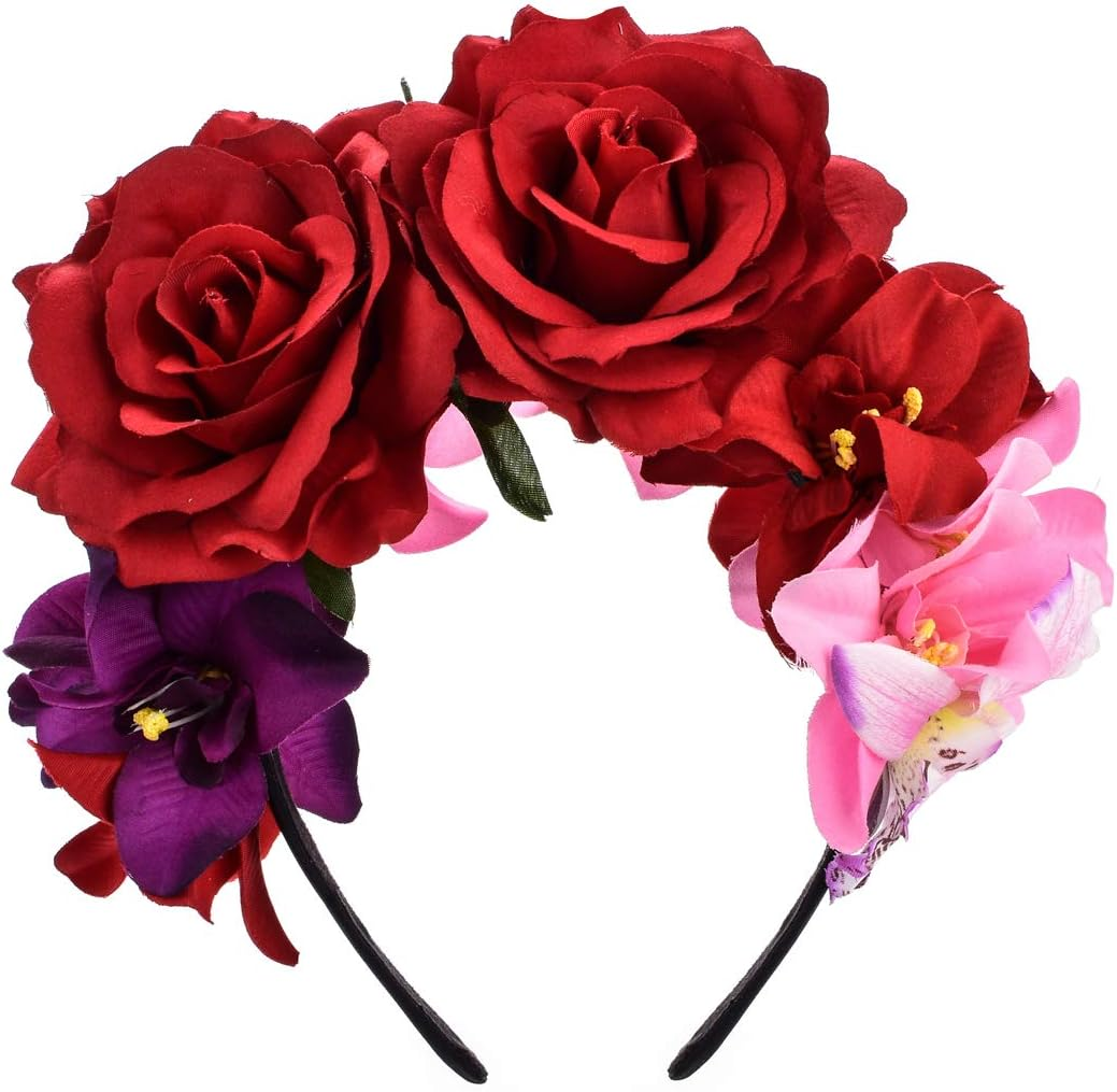 Merroyal Halloween Flower Crown Headband Party Costume Dia De Los Muertos Day of the Dead Headpiece, Red Purple Pink, One Size image number 2