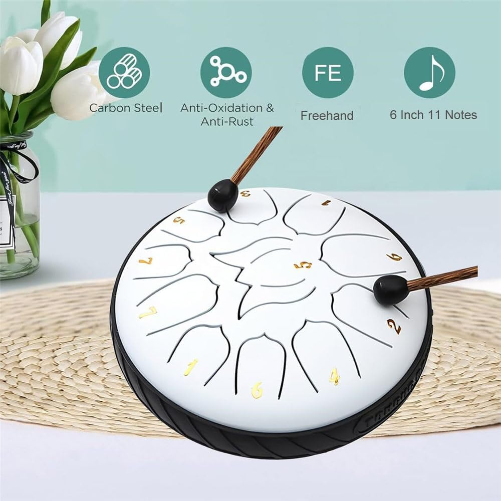 Steel Tongue Drum, Rain Drum with Bag, Handpan Drum Musical Instruments with Music Book, Drums Mallets, Mallet Holder, Finger Picks, Tongue Drum for Adult, Kids, 11 Notes 6 Inches (White)