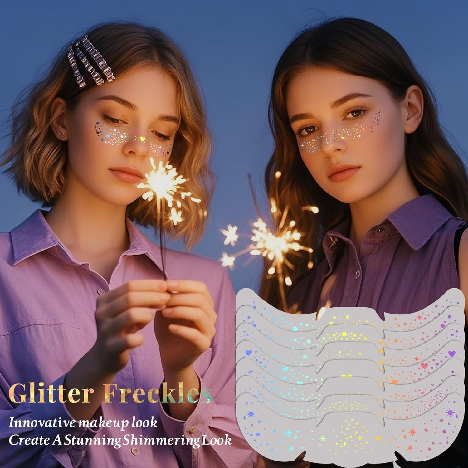 Glitter Freckles Face Tattoo, 16 Pcs Multichrome Holographic Sparkle Face Glitter Freckles Speckles Stickers, Waterproof Metallic Cute Star Temporary Tattoo Stickers Makeup Patches Festival Rave Accessories image number 6
