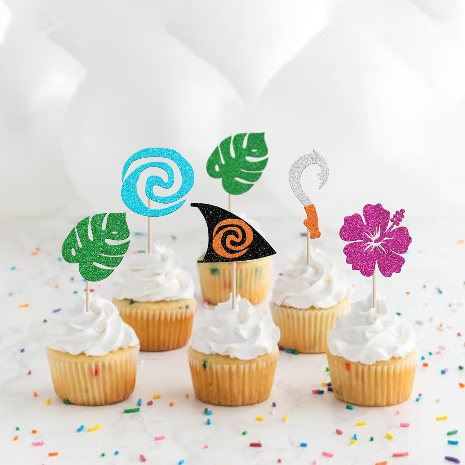 30 Pack Moana Cupcake Toppers Glitter Palm Monstera Leaf Flower Cupcake Picks for Tropical Hawaiian Luautheme Baby Shower Kids Birthday Party Cake Decorations Supplies (#1) - 2 image number 2