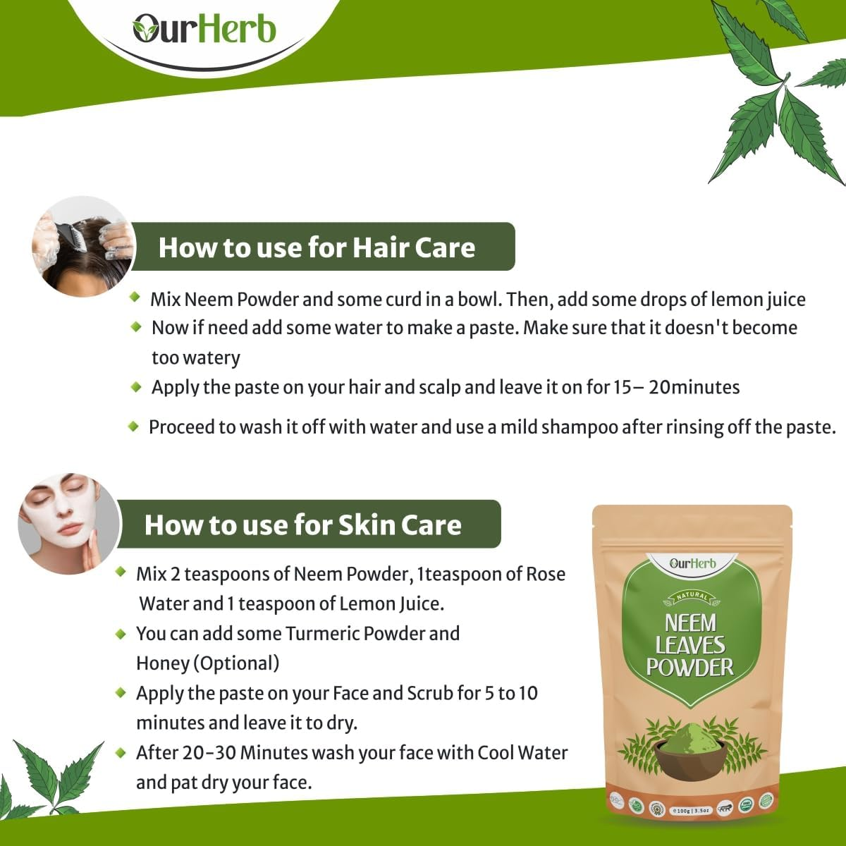 Ourherb Pure & Natural Neem Leaves Powder (Azardirachta Indica Powder) for Health, Skin Care & Hair Care with Wooden Spoon - 100G | 3.5 Oz image number 3